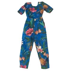 Farm Rio Blue Jungle 100% Linen Jumpsuit Anthropologie Open Back Tassel Trim